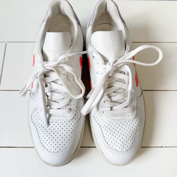 Veja x Madewell V10 Leather Sneakers Lilac with Neon Orange Size EU 37 US 6 - Picture 5 of 10